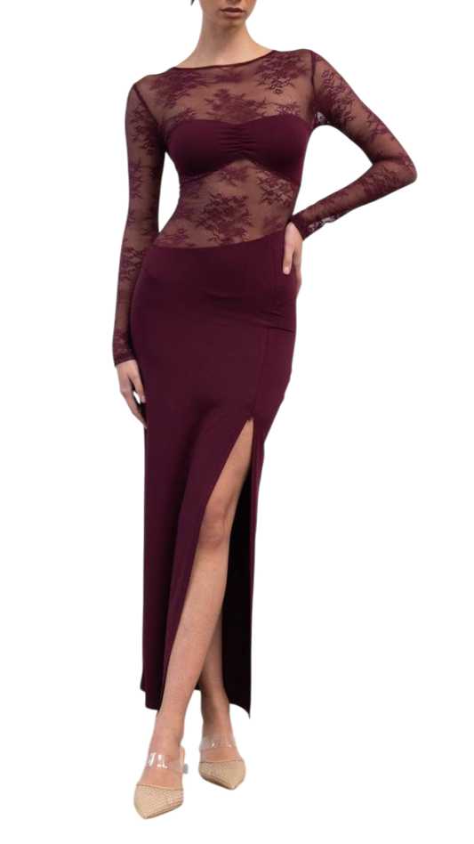 Vestido Largo Encaje Transparente ·2 colores “Rubí Secreto / Medianoche”