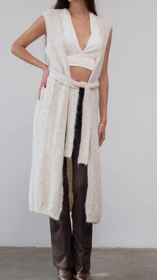 Chaleco Largo de Lana con Cinturón – Talla Única (S a L)