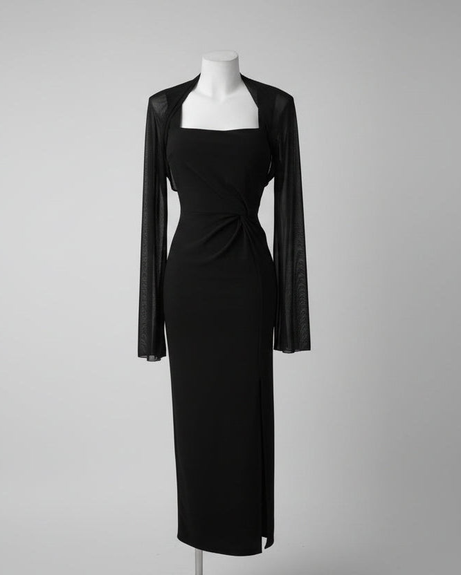 Vestido Largo Negro Eclipse · 2 Piezas con Chaqueta Fluida · Talla Única