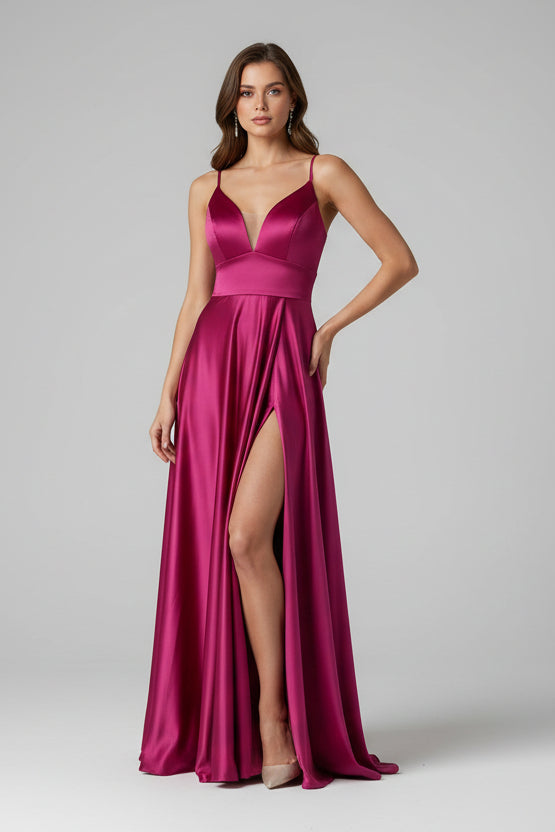 Vestido Largo Satinado Aura · Tirantes y Escote en Pico · Talla Única