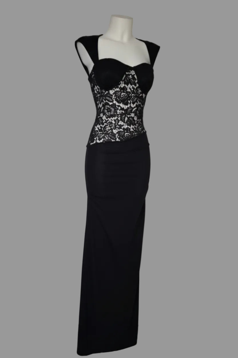 Vestido Largo de Encaje Noir Corset · Cuerpo Entallado · Talla S-M