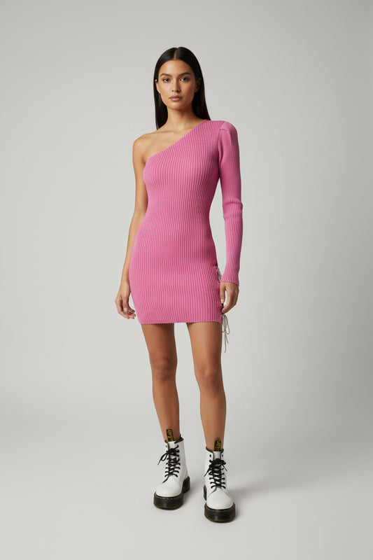 Vestido Corto de Punto Lace Up Pink Crush · Manga Larga · Talla Única