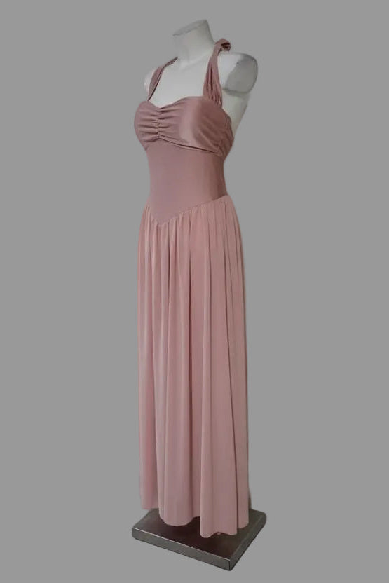Vestido Largo Rosa Empolvado con Espalda Abierta y Lazada al Cuello