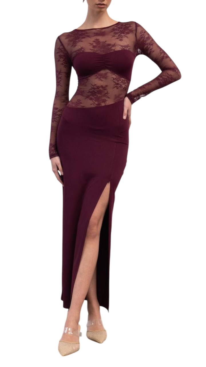 Vestido Largo Encaje Transparente ·2 colores  “Rubí Secreto / Medianoche”