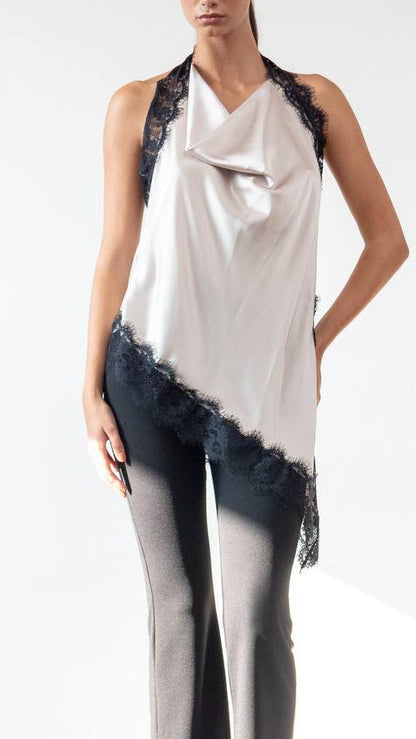 Haut de lingerie asymétrique en satin et dentelle