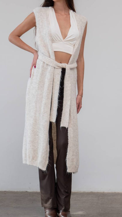 Chaleco Largo de Lana con Cinturón – Talla Única (S a L)