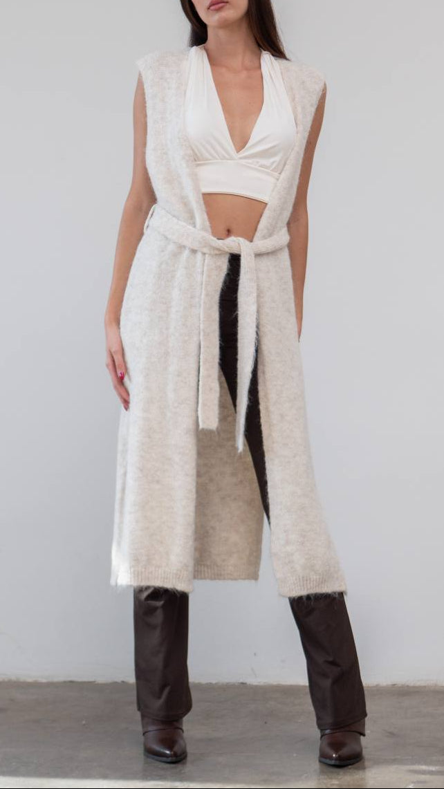 Chaleco Largo de Lana con Cinturón – Talla Única (S a L)