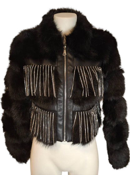 Chaqueta “Crystal Rider” – Polipiel con efecto pelo suave y cascada de cristales 2 colores