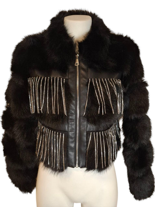 Chaqueta “Crystal Rider” – Polipiel con efecto pelo suave y cascada de cristales 2 colores