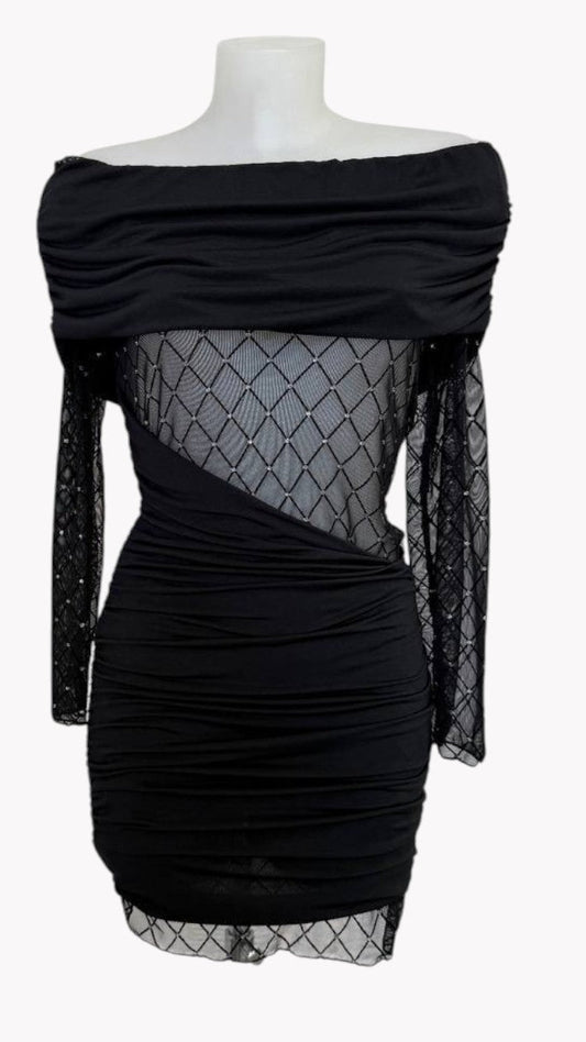 Robe asymétrique à empiècements transparents et paillettes · 3 couleurs