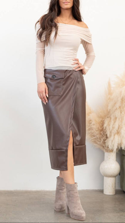 Falda Midi Efecto Piel con Abertura · 5 colores ⚡