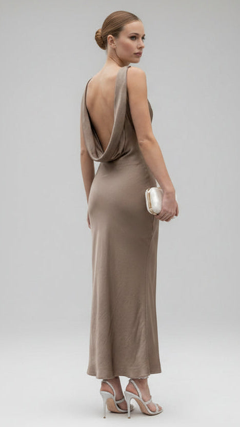 Vestido Satin Ring Drape Taupe  3 Colores Evillas Doradas