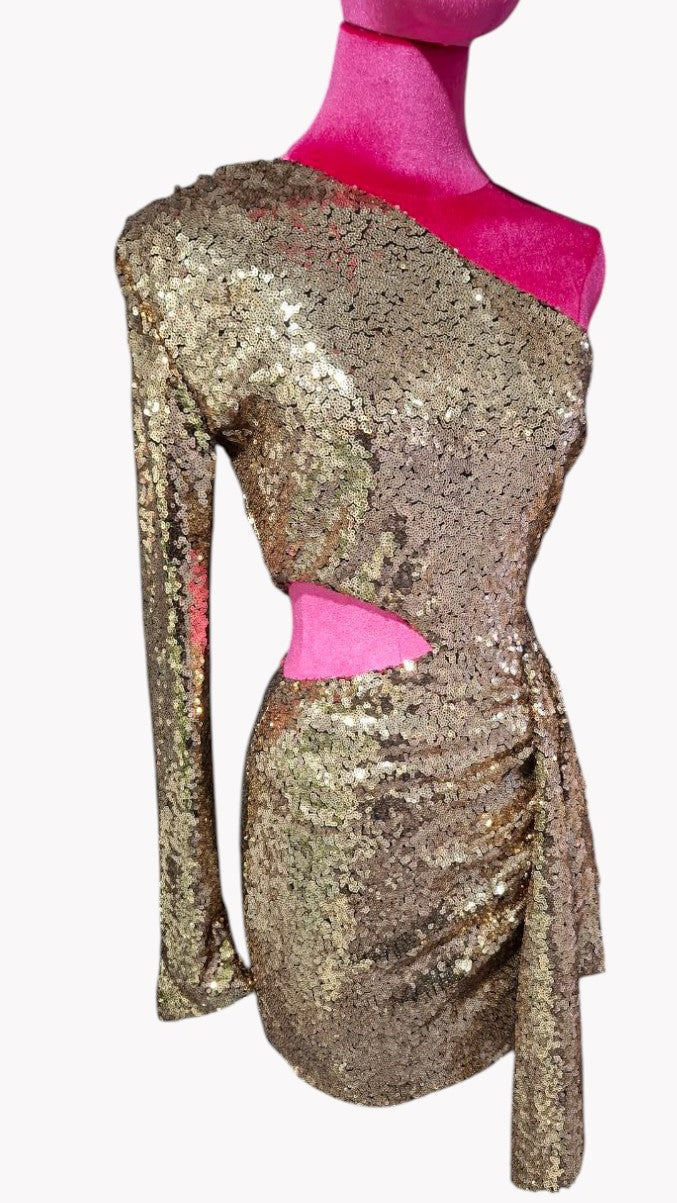 ✨ Vestido Asimétrico Champagne Brillo Total · 3 Colores