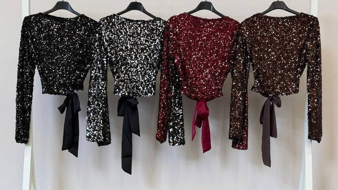 ✨ Top “Velvet Bow Shine – Lazo Trasero” · Negro / Plata / Granate / Marrón ✨