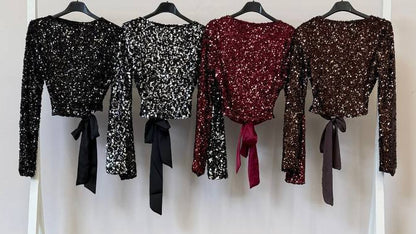 ✨ Top “Velvet Bow Shine – Lazo Trasero” · Negro / Plata / Granate / Marrón ✨