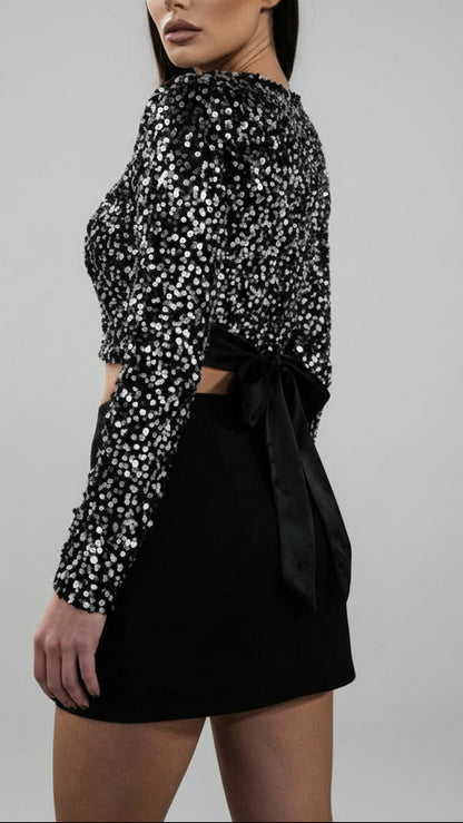 ✨ Top “Velvet Bow Shine – Lazo Trasero” · Negro / Plata / Granate / Marrón ✨