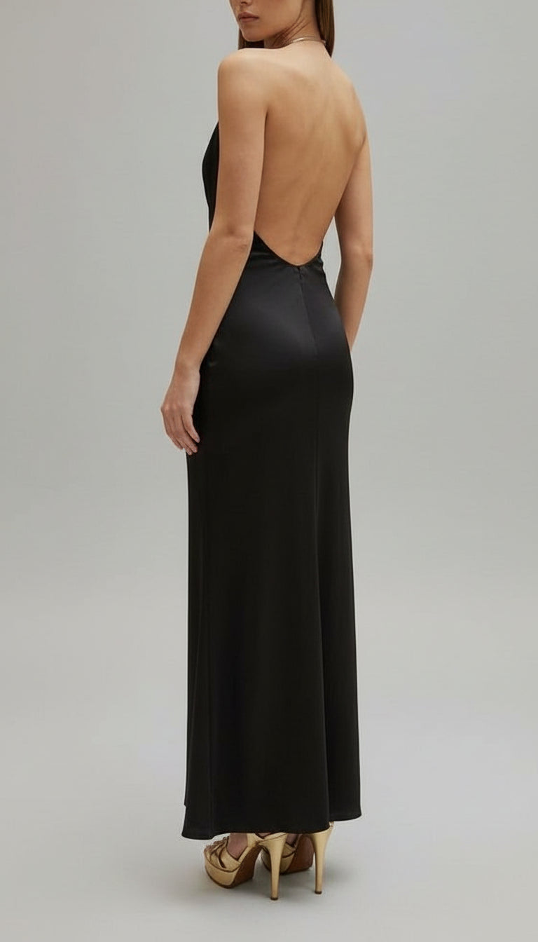 🍫 VESTIDO HALTER SATINADO CON ANILLA DORADA Y ESPALDA DESCUBIERTA 🍫