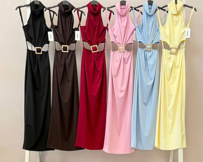 Vestido Largo Halter Cut Out con Hebilla · 6 colores 🖤🤎🍷🌸💙💛