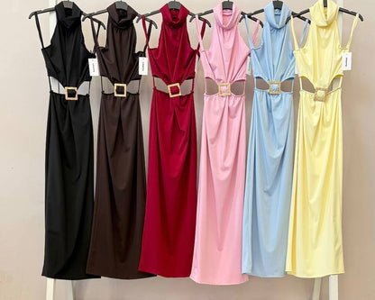 Vestido Largo Halter Cut Out con Hebilla · 6 colores 🖤🤎🍷🌸💙💛