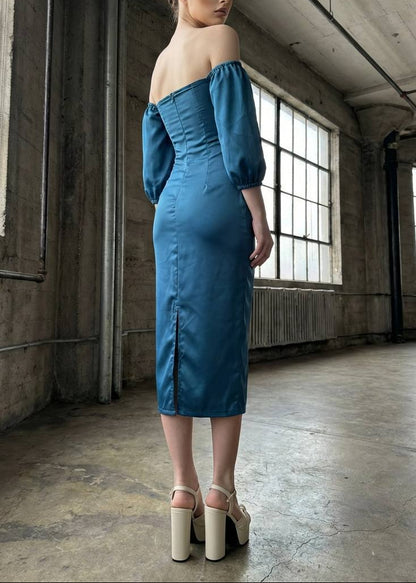 Vestido Midi Satinado Manga Abullonada · 5 colores