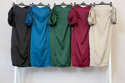 Vestido Midi Satinado Manga Abullonada · 5 colores