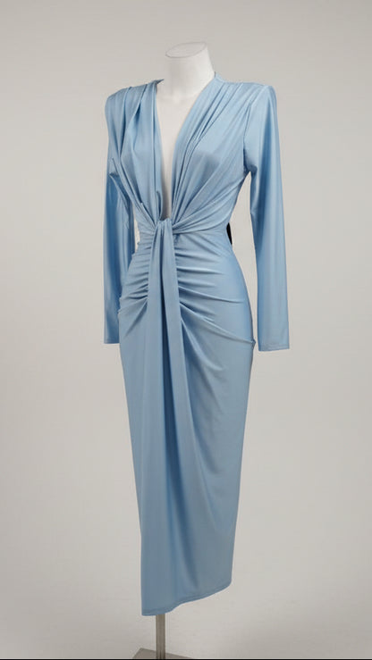 Vestido Largo Drapeado de Manga Larga con Escote Pronunciado · Talla Única