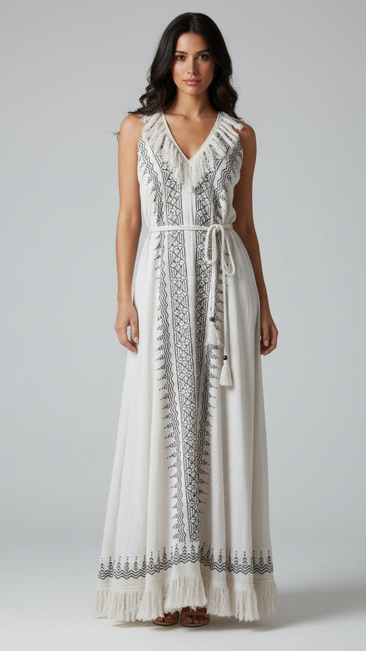 Vestido Largo de Algodón Orgánico Bordado Lirio del Bosque · Talla Única