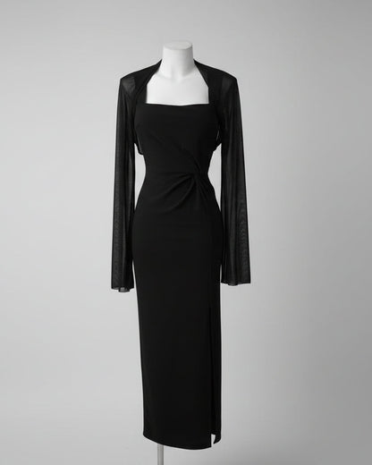 Vestido Largo Negro Eclipse · 2 Piezas con Chaqueta Fluida · Talla Única