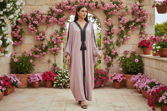 Vestido Largo Fluido Noir Dust · Escote en Pico con Bordado y Flecos · Talla Única