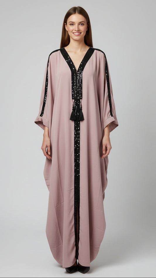 Vestido Largo Fluido Noir Dust · Escote en Pico con Bordado y Flecos · Talla Única