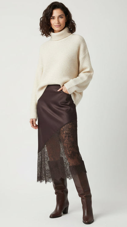 Falda Midi Satinada Noir Lace · Detalle de Encaje · Talla Única