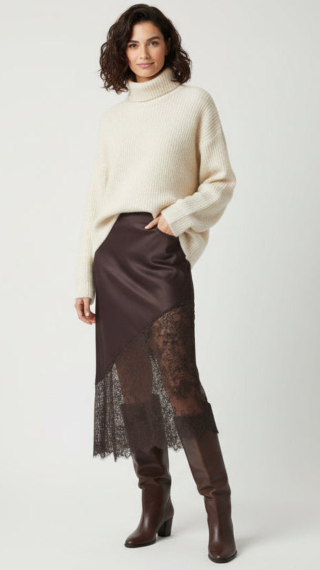 Falda Midi Satinada Noir Lace · Detalle de Encaje · Talla Única