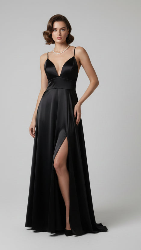 Vestido Largo Satinado Aura · Tirantes y Escote en Pico · Talla Única