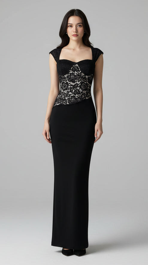 Vestido Largo de Encaje Noir Corset · Cuerpo Entallado · Talla S-M