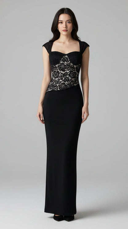 Vestido Largo de Encaje Noir Corset · Cuerpo Entallado · Talla S-M