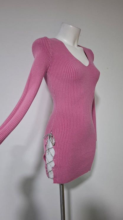 Vestido Corto de Punto Lace Up Pink Crush · Manga Larga · Talla Única