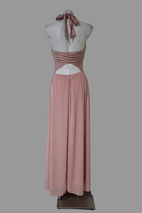 Vestido Largo Rosa Empolvado con Espalda Abierta y Lazada al Cuello