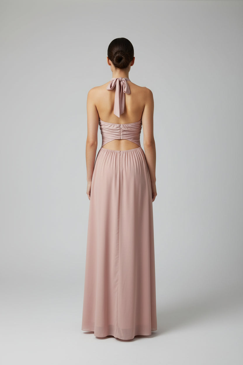 Vestido Largo Rosa Empolvado con Espalda Abierta y Lazada al Cuello