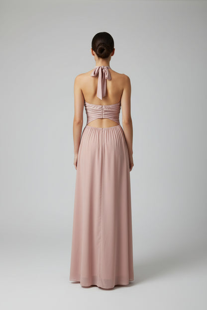 Vestido Largo Rosa Empolvado con Espalda Abierta y Lazada al Cuello