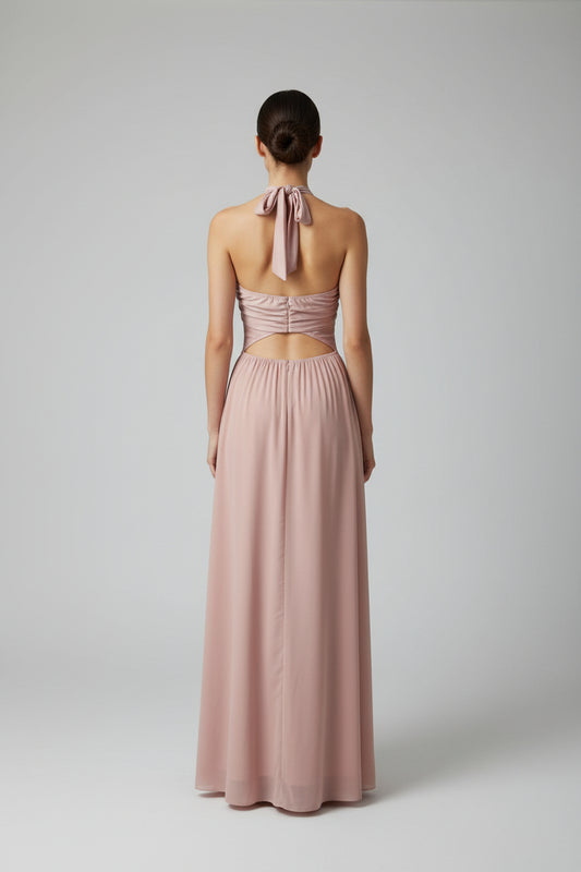 Vestido Largo Rosa Empolvado con Espalda Abierta y Lazada al Cuello