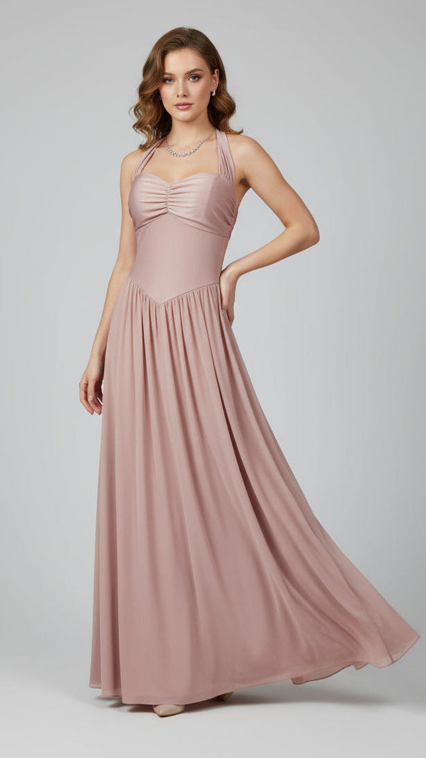 Vestido Largo Rosa Empolvado con Espalda Abierta y Lazada al Cuello