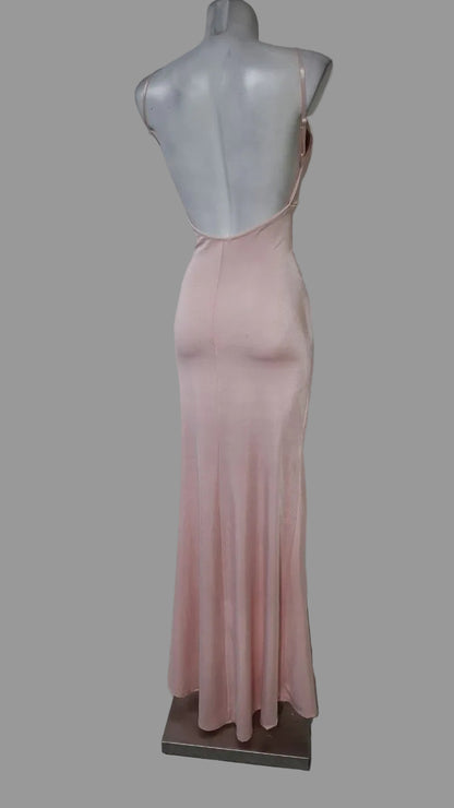 Vestido Largo Satinado Rosa Empolvado con Espalda Abierta S-M