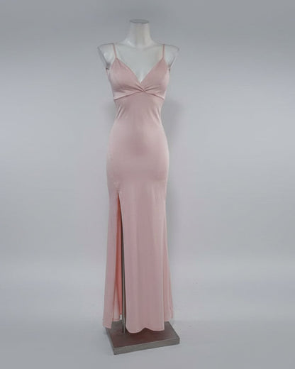 Vestido Largo Satinado Rosa Empolvado con Espalda Abierta S-M