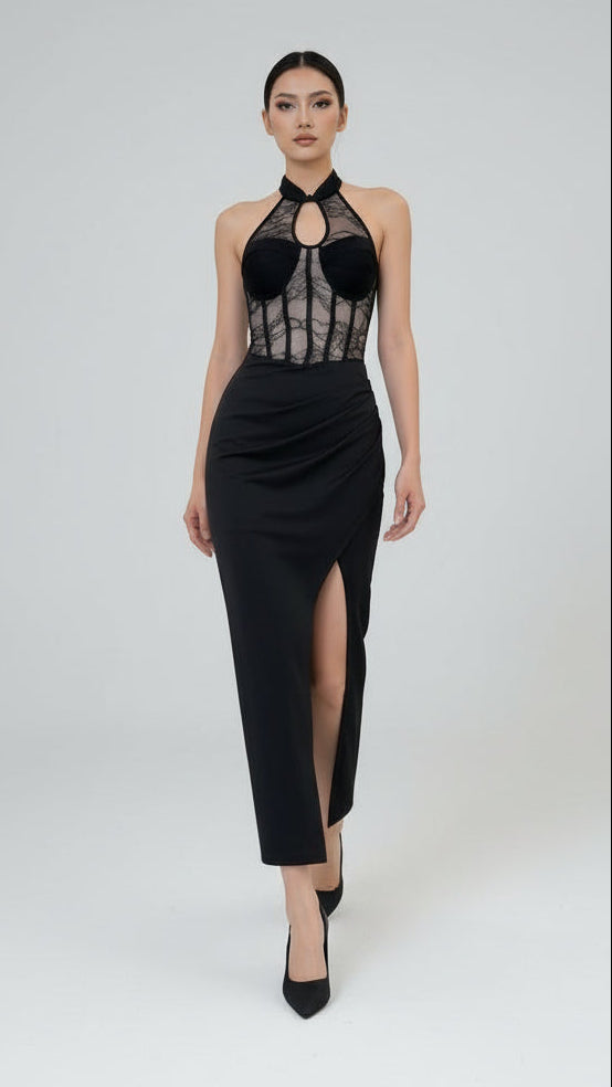 Vestido largo halter con encaje y abertura · 6 colores