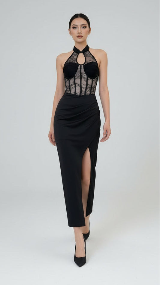 Vestido largo halter con encaje y abertura · 6 colores