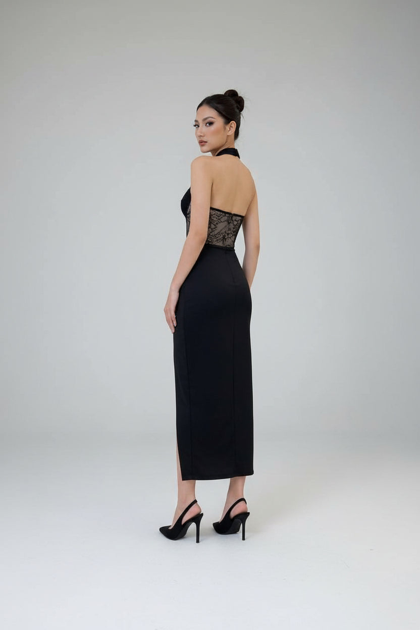 Vestido largo halter con encaje y abertura · 6 colores