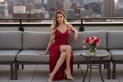 Vestido largo cruzado con lazada y abertura