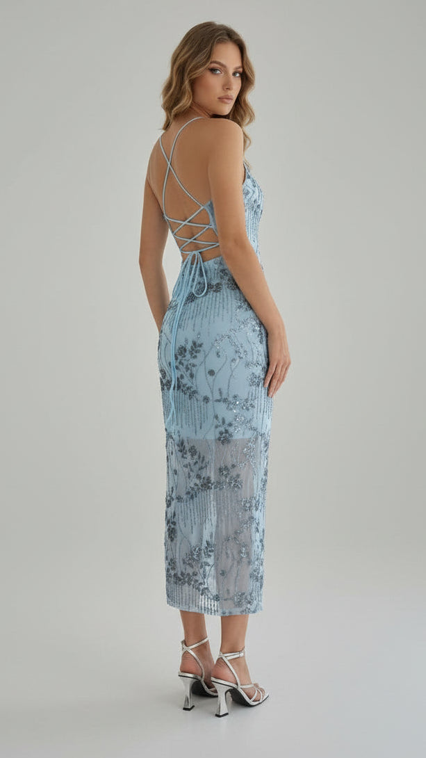 Vestido Largo Bordado con Espalda Cruzada · 5 Colores