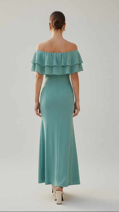 Vestido largo hombros descubiertos con volante