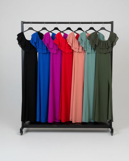 Vestido largo hombros descubiertos con volante